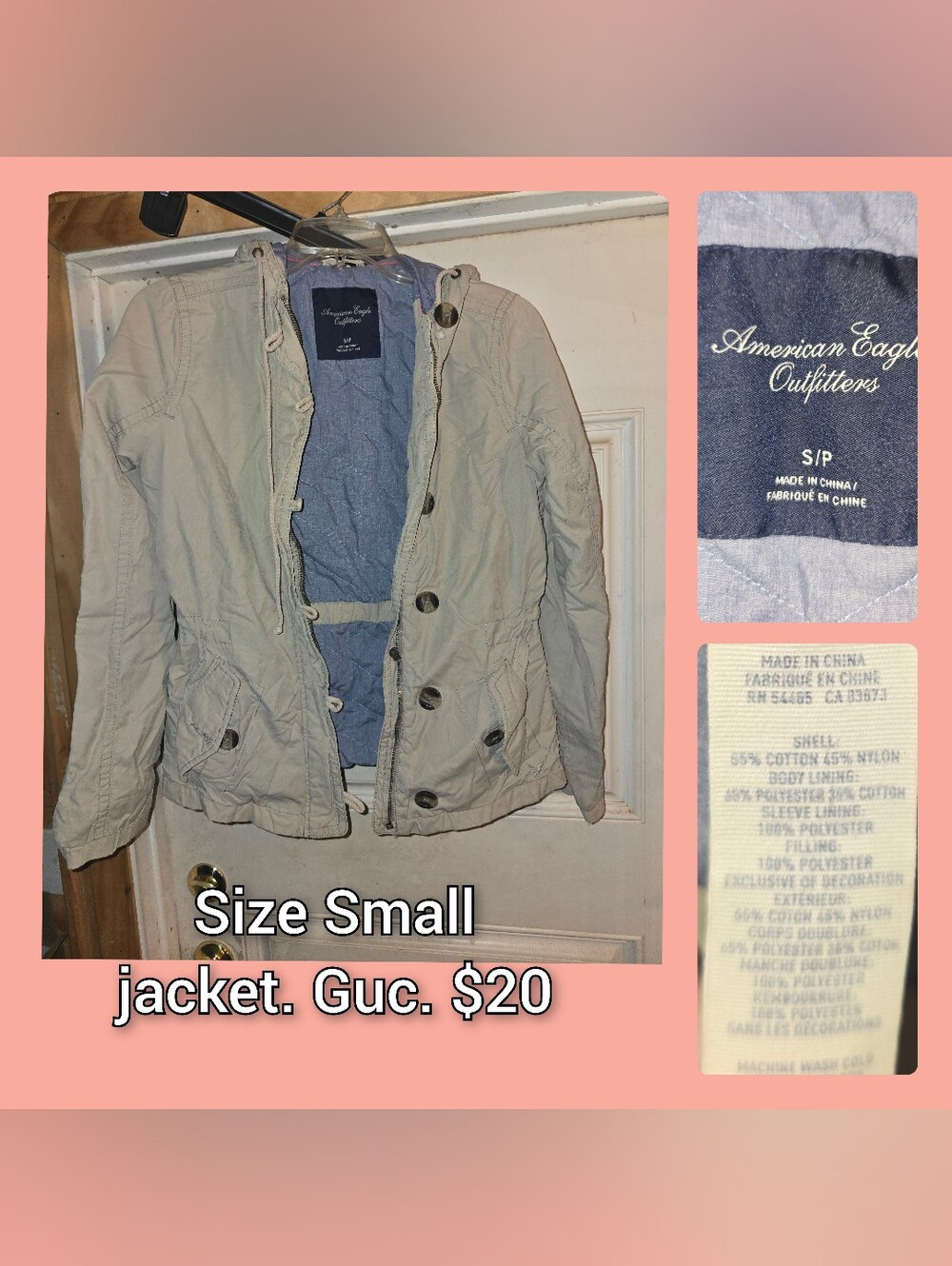 American Eagle Outfitters Beige Quilted Hooded Jacket